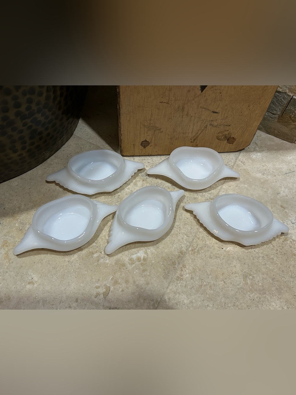 5 vintage Glasbake milk glass individual crab baking dishes